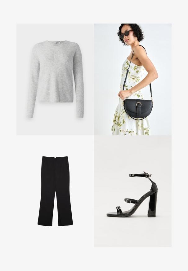 Harmaa neulepaita, jossa on ribbikuvio, pitkät hihat ja V-päärme. Yksinkertainen ja minimalistinen ulkonäkö.; Mustat housut suoralinjaisella leikkauksella, joissa on etutaskut ja sivurei'ät helman alla. Valmistettu pehmeästä ja sileästä kankaasta. Sopii eri tilaisuuksiin.; Musta kiiltävä korkokenkä sandaalit neliönmuotoisella varpaalla, nilkkaremmillä ja hopeisilla soljilla. Varustettu tukevalla lohkokorkealla vakauden takaamiseksi.; Musta nahkainen käsilaukku, joka on kaareva muotoilultaan, irrotettavalla hihnalla ja kultaisilla yksityiskohdilla. Laukussa on läppä, jossa on solk yksityiskohta.