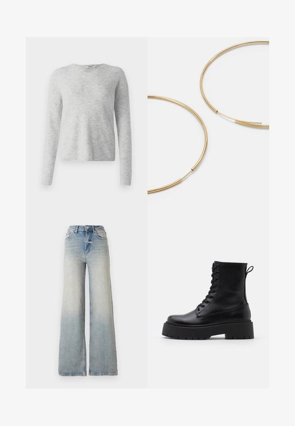 Harmaa neulepaita, jossa on ribbikuvio, pitkät hihat ja V-päärme. Yksinkertainen ja minimalistinen ulkonäkö.; Vaaleansiniset leveälahkeiset farkut, joissa on korkea vyötärö, viisi taskua ja näkyvät ompeleet saumoissa.; Musta nahkainen nilkkureita, joissa on pyöreä kärki, nauhakiinnitys edessä ja paksu kumipohja, jossa on teksturoitu pinta. Takana vetotappi.; Kultaiset rengaskorvakorut, ohuet ja pyöreät, joissa on sileä metallipinta ilman koristeluja tai kuvioita.