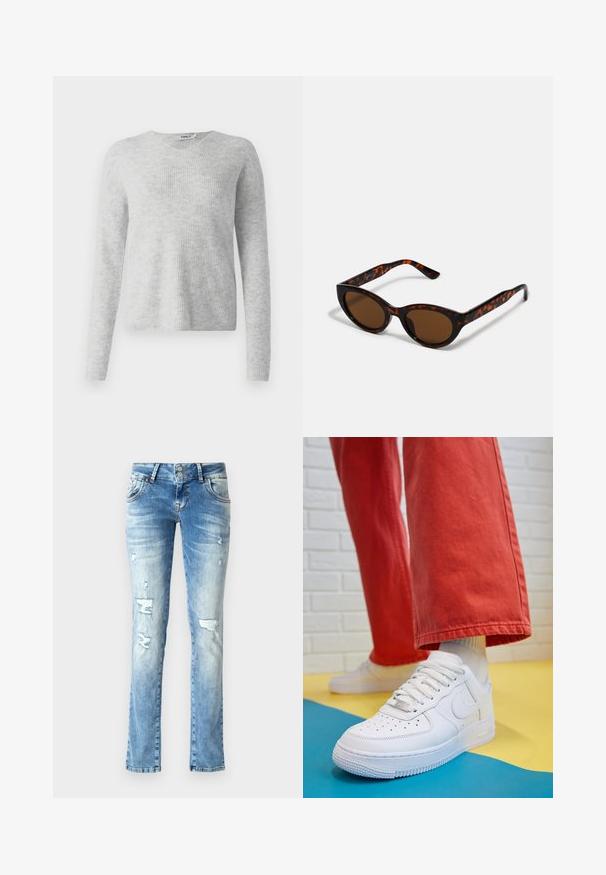 Siva pletena pulover s rebrasto teksturo, dolgimi rokavi in obliko V-izreza. Preprost in minimalističen videz.; Svetlo modri jeans iz denima z sproščenim krojem, ki imajo obrabljene podrobnosti, gumbasto zapiranje z dvema gumboma in ravno krojene hlačnice.; Beli usnjeni športni čevlji s perforiranim prstnim delom, teksturiranim podplatom in belimi vezalkami, v kombinaciji s širokimi rdečimi hlačami in modro-rumeno ozadje.; Rjave mačkaste sončne očala s vintage mačjo obliko in rjavimi lečami. Imajo ukrivljene ročke z rdečimi detajli.; Zlate uhane v obliki obročkov z gladko, sijočo površino. Krožna zasnova s majhnim nosilcem in prozornim podplatom za varno nošenje.