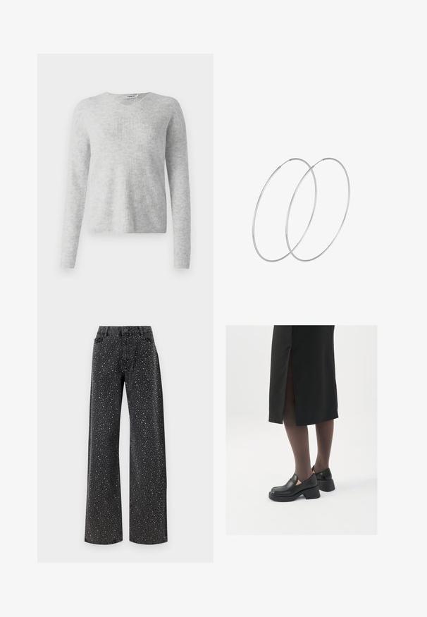 Grå stickad tröja med ribbat mönster, långa ärmar och V-ringad design. Enkel och minimalistisk utseende.; Noisy May NMJANNEL LOOSE - Jeans relaxed fit - black denim; Svarta läderskor med rund tå, tjock klack utan häl och elastiska sidodetaljer, kombinerat med mörka strumpbyxor och en svart kjol med slits.; Silverfärgade hoopörhängen med en minimalistisk design. Cirkulär form, slät yta och tunn profil. Lätta med en polerad finish.