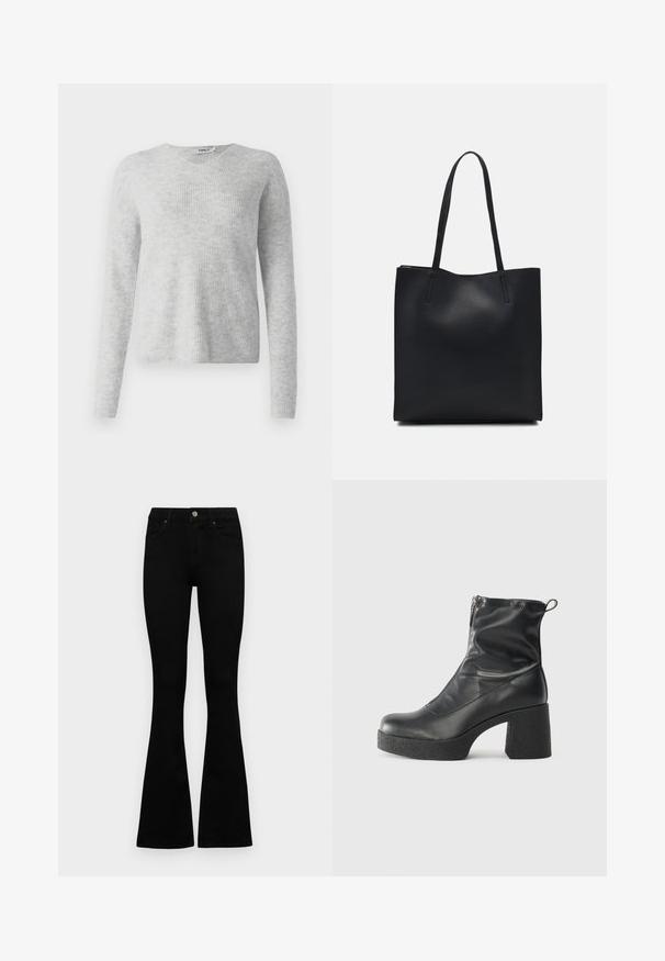 Gray knit sweater with a ribbed texture, long sleeves, and a V-neck design. Simple and minimalistic appearance.; Black high-waist jeans with a button and zip closure, front pockets, and flared legs laid flat on a white background.; Black ankle boots made of smooth leather, featuring a side zipper, chunky textured heel, and rounded toe design.; Black leather tote bag with smooth texture, rectangular shape, and two long handles. No visible hardware or embellishments.