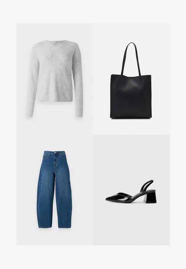 Pulover gri tricotat, cu o textură ribbâtă, mâneci lungi și un decolteu în formă de V. Apariție simplă și minimalistă.; Jeans din denim cu o nuanță medie de albastru, având talie înaltă, tăietură cu picioare largi și un design standard cu cinci buzunare, cu detalii de cusătură vizibile.; Pantofi cu toc slingback din piele lacuită neagră, cu vârf ascuțit și toc geometric. Prezintă un design elegant, minimalist și o textură netedă.; Geantă tote neagră din piele, cu textură netedă, formă rectangulară și două mânere lungi. Fără hardware vizibil sau ornamente.