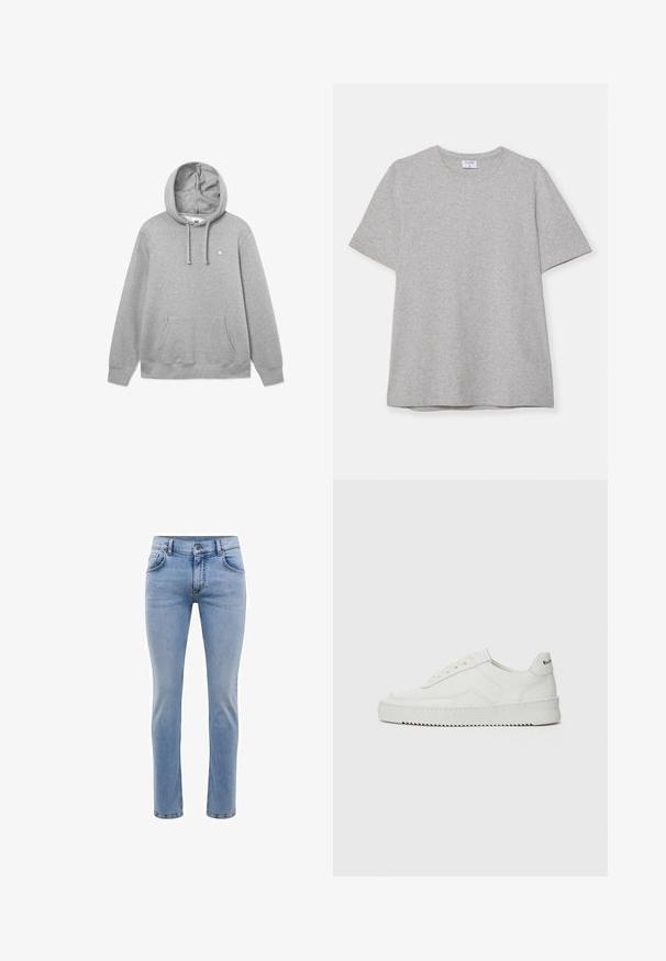 Grå bomullshuvtröja med en ficka fram, snörning i huvan och en liten logotyp på bröstet. Mjuk textur och avslappnad passform.; Grå t-shirt med kort ärm gjord av mjukt, texturerat tyg. Har en klassisk rund halsringning och en rak nederkant, lämplig för avslappnad klädsel.; Ljusblå denimjeans med slim fit, fem fickor och rak bendesign. Har dragkedja och bälteshällor. Mjuk textur.; Vita lädersneakers med en jämn yta, rund tå, platta snörningar och en strukturerad sula. Har en diskret logotyp på hälen.
