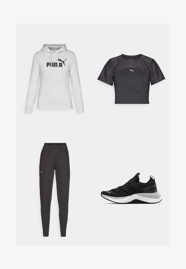 Hanorac gri cu glugă, fabricat dintr-un material moale, având un mare logo negru "PUMA" și buzunar tip cangur în față. Mâneci lungi.; Tricou cropp Black cu mâneci scurte, cu un design elegant, panou din dantelă texturată și logo alb Puma pe față.; Leggings atletice negre, fabricate dintr-un material elastic, cu un talie înaltă, buzunare laterale și un mic logo reflectorizant pe coapsa stângă.; Pantof de sport negru cu un upper texturat, curele elastice și o talpă intermediară groasă albă. Are un accent gri pe lungimea tălpii.