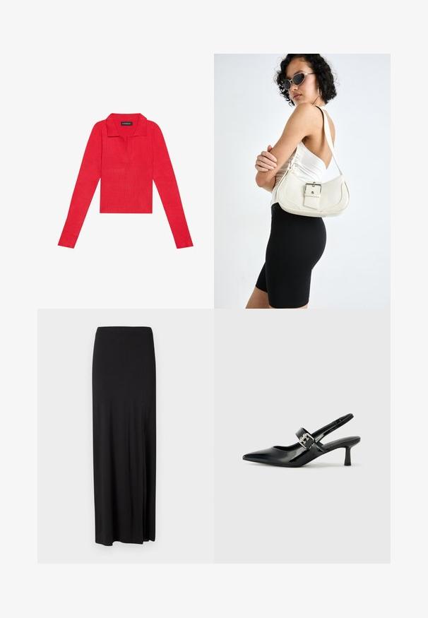 Red ribbed long-sleeve top with a collar and placket, featuring a fitted design and smooth texture. Label visible inside collar.; Black maxi skirt made of soft, stretchy material. Features a side slit and a simple, streamlined design with no embellishments.; Black patent leather slingback heels with a pointed toe and a small block heel, featuring a silver buckle accent on the strap.; White leather handbag with a curved shape, adjustable strap, and a small buckle detail. Model wears a fitted black outfit.