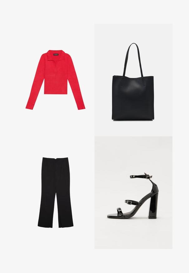 Rotes, geripptes Langarmshirt mit Kragen und Knopfleiste, das über ein körpernahes Design und eine glatte Textur verfügt. Etikett im Inneren des Kragens sichtbar.; Schwarze Hose mit geradem Schnitt, ausgestattet mit Fronttaschen und Seitenschlitzen am Saum. Hergestellt aus weichem, glattem Stoff. Geeignet für verschiedene Anlässe.; Schwarze patentierte Sandalen mit Absatz, quadratischer Spitze, Knöchelriemen und silbernen Schnallen. Mit einem stabilen Blockabsatz für mehr Stabilität.; Schwarze Laptoptasche aus Leder mit glatter Textur, rechteckiger Form und zwei langen Griffen. Keine sichtbaren Beschläge oder Verzierungen.