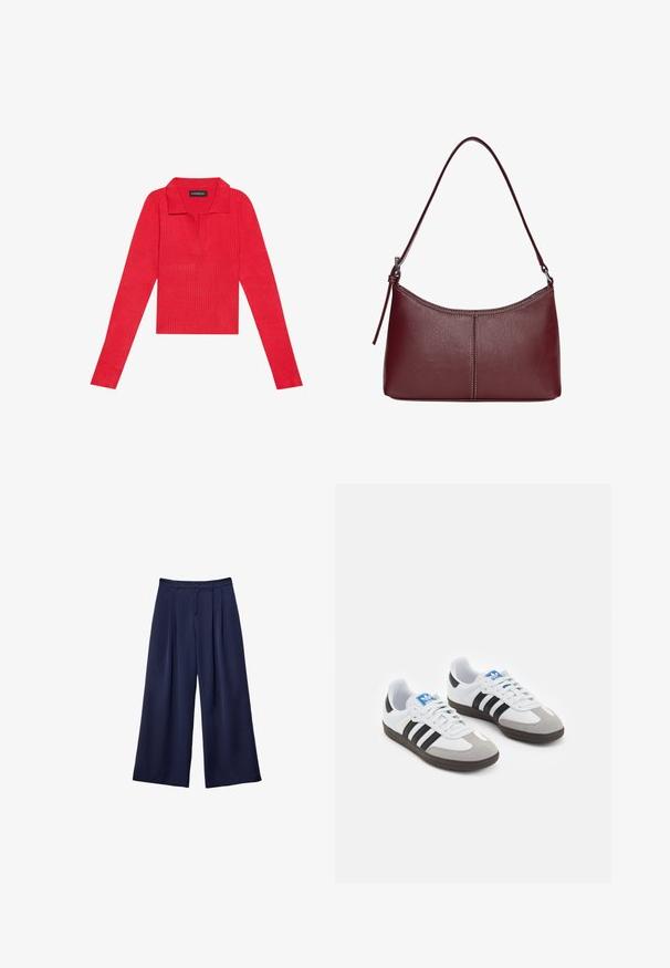 Červené hříbkové tričko s dlouhým rukávem a límečkem a knoflíkovou légou, s přiléhavým střihem a hladkou texturou. Štítek viditelný uvnitř límce.; Námorně modré kalhoty s širokými nohavicemi, s plisovaním, knoflíkovým páskem a poutky na opasek, zobrazené položené na bílé pozadí.; Sportovní boty s bílým koženým svrškem, šedou semišovou špičkou a třemi černými pruhy. Obsahují modré logo na jazyku a texturovanou gumovou podrážku.; Vínová kožená kabelka s zakřiveným tvarem, jediným ramenním popruhem a prošíváním ve středu. Hladký povrch, minimální kovové prvky.
