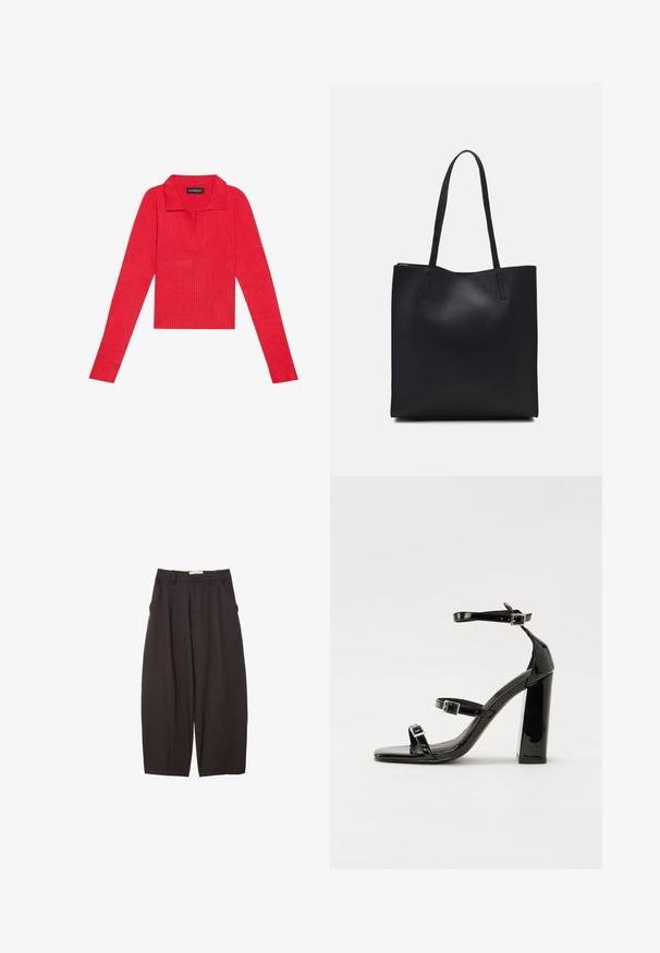 Rotes, geripptes Langarmshirt mit Kragen und Knopfleiste, das über ein körpernahes Design und eine glatte Textur verfügt. Etikett im Inneren des Kragens sichtbar.; Schwarze weit geschnittene Hosen aus einem glatten Stoff, mit hoher Taille, Frontfalten und Seitentaschen. Schlichtes Design ohne Verzierungen.; Schwarze patentierte Sandalen mit Absatz, quadratischer Spitze, Knöchelriemen und silbernen Schnallen. Mit einem stabilen Blockabsatz für mehr Stabilität.; Schwarze Laptoptasche aus Leder mit glatter Textur, rechteckiger Form und zwei langen Griffen. Keine sichtbaren Beschläge oder Verzierungen.
