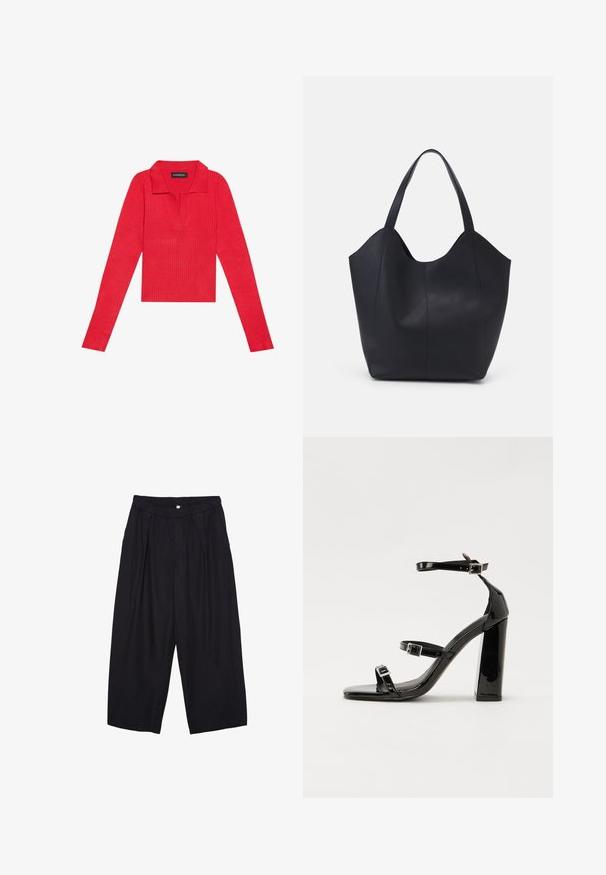 Punainen ribbikuvioinen pitkähiha toppi, jossa on kaulukset ja nappilista, omaperäinen muotoilu ja sileä pinta. Merkki näkyvissä kauluksessa.; Musta polyesterinen culotte-housut, jossa on joustava vyötärö, kaksi etupleettiä ja löysä siluetti. Ei näkyviä kuvioita tai metallisia yksityiskohtia.; Musta kiiltävä korkokenkä sandaalit neliönmuotoisella varpaalla, nilkkaremmillä ja hopeisilla soljilla. Varustettu tukevalla lohkokorkealla vakauden takaamiseksi.; Mustat kangaskassit, jotka on valmistettu sileästä nahasta, jossa on kaareva, avoin yläosa, kaksi olkahihnaa ja minimalistinen muotoilu.