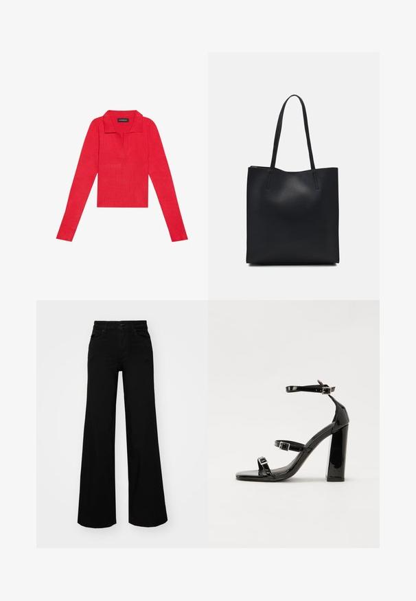 Maglietta rossa a maniche lunghe con collo e bottoni, caratterizzata da un design aderente e una texture liscia. Etichetta visibile all'interno del collo.; Pantaloni neri a gamba larga in denim, con una vita strutturata, passanti per la cintura e tasche frontali. Texture liscia con un design classico.; Sandali con tacco in vernice nera, con punta squadrata, cinturini alla caviglia e fibbie in argento. Presentano un tacco a blocco spesso per maggiore stabilità.; Borsa tote in pelle nera con texture liscia, forma rettangolare e due manici lunghi. Nessun hardware o decorazione visibile.