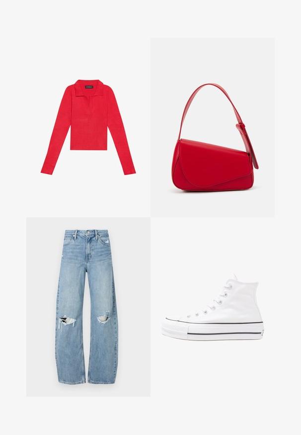 Haut long à manches rouges côtelé avec un col et une patte de boutonnage, présentant une coupe ajustée et une texture lisse. Étiquette visible à l'intérieur du col.; Jeans en denim bleu clair à taille haute. Présentent des jambes larges, deux zones déchirées aux genoux et un style classique à cinq poches.; Baskets montantes en toile blanche avec semelle en caoutchouc noir, capuchon en caoutchouc à l'avant, et six œillets pour les lacets, présentant un design épuré et minimaliste.; Sac à main en cuir rouge avec un design angulaire et géométrique. Il dispose d'une seule sangle ajustable et d'une fermeture à rabat avec un detailing cousu.