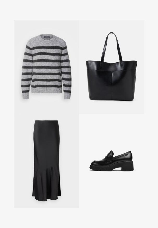 Mos Mosh THORA szary; Czarna satynowa spódnica midi o eleganckim fasonie, z delikatnym rozkloszowaniem u dołu i bocznym rozcięciem dla większej swobody ruchów. Gładka tekstura.; Czarne skórzane loafery na grubej podeszwie z szerokim obcasem i paskiem na górze, zaprezentowane z boku na białym tle.; Czarna skórzana torba na ramię z dwoma długimi uchwytami, gładką teksturą i sztywną formą. Posiada przednią kieszeń dla dodatkowego przechowywania.; Srebrne kolczyki na biglu o gładkim, błyszczącym wykończeniu. O zaokrąglonym kształcie, lekkim designie, z zamknięciem na zatrzask.