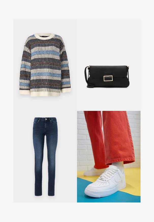 Vero Moda VMTIFFANY O NECK  - Strikkegenser - birch/chocolate torte/allure; Hvit ermeløs tanktop laget av ribbet stoff, med rund hals og en tettsittende silhuett, med minimale sømmer og ingen dekorasjoner.; Mørkeblå skinny jeans laget av denim, med en klassisk fem-lommers design, knappestang og subtil fading på lårene.; Hvit lær sneakers med perforert tåboks, teksturert såle og hvite snørebånd, paret med vide røde bukser og en blå og gul bakgrunn.; Svart lær clutch-veske med klaff og detalj i gullmetall. Inkluderer en svart stropp og et strømlinjeformet, minimalistisk design.; Sølv hoops øredobber med en tvistet design, som har en polert finish og bakstøtte. Mål omtrent 3 cm i diameter.