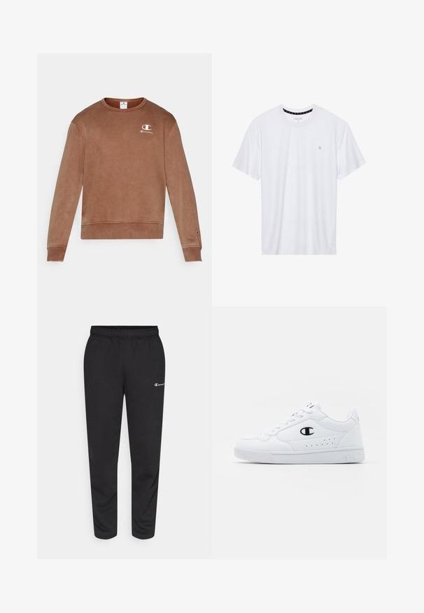 Brauner Baumwoll-Sweatshirt mit Rundhalsausschnitt, gerippten Bündchen und Saum, und einem kleinen weißen Champion-Logo auf der linken Brust. Weicher Stoff.; Weißes Crewneck-T-Shirt aus Baumwolle, mit kurzen Ärmeln und einem kleinen, auf der linken Brustseite gestickten Logo. Weiche Textur.; Schwarze Sweatpants aus Baumwollmischung, mit elastischem Bund und einem kleinen weißen Logo auf der linken Seite. Schmal zulaufendes Bein.; Weißes sportliches Sneakerpaar mit glattem, synthetischen Obermaterial, schwarzem Logo-Akzent und perforierten Details an der Seite. Gummisohle.