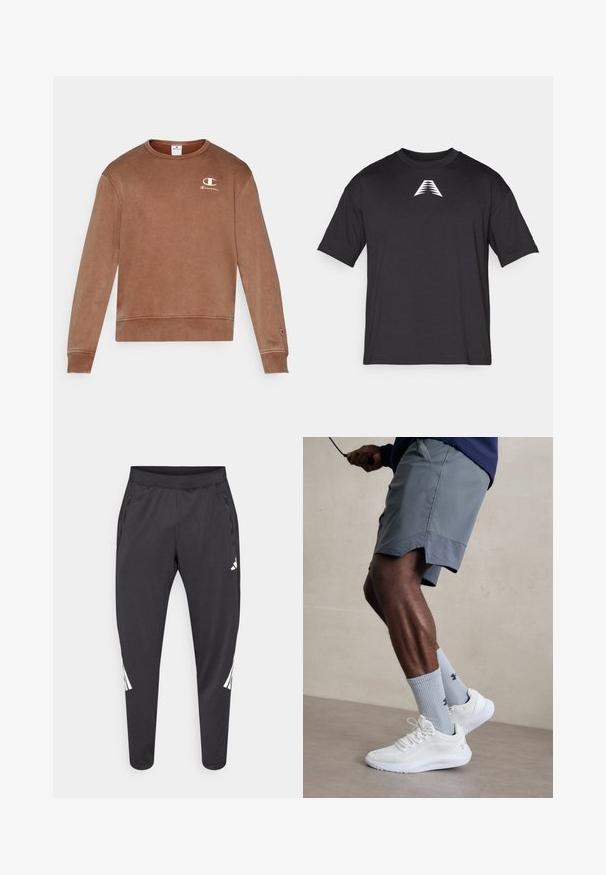 Brun bomulds crewneck sweatshirt med ribbede manchetter og kant, der har et lille hvidt Champion-logo på venstre bryst. Blød tekstur.; Sort kortærmet t-shirt lavet af letvægtsstof, med et hvidt trekantlogo på forsiden, klassisk rund halsudskæring og afslappet pasform.; Sorte atletikbukser med smalle ben, elastisk taljebånd, sidelommer og hvide logoer samt stribedetaljer. Fremstillet af et glat, let materiale.; Hvide sportsko med tekstureret mesh-overdel, parret med lyseblå ribbede sokker med et logo. Grå sports shorts med perforeret kant.