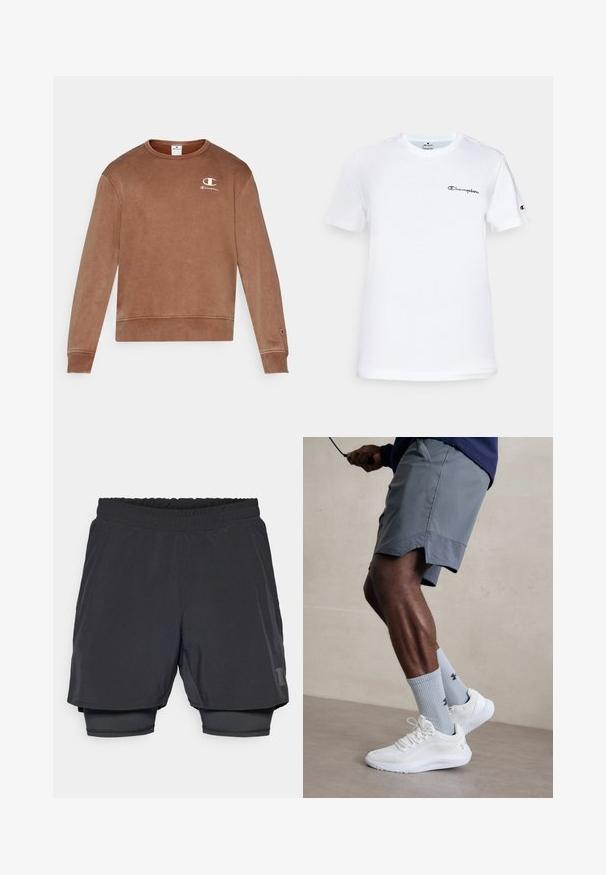 Sweatshirt crewneck castanho em algodão com punhos e bainha canelados, apresentando um pequeno logótipo branco da Champion no lado esquerdo do peito. Textura suave.; T-shirt de algodão branco com decote redondo, mangas curtas e um logótipo "Champion" bordado a preto no peito e como detalhe na manga.; Calções atléticos pretos com um cós elástico, design em camadas e um forro interior ajustado. Apresenta um logótipo discreto na parte inferior.; Ténis desportivos brancos com parte superior em malha texturizada, acompanhados por meias caneleadas azul claro com um logótipo. Calções desportivos cinza com acabamento perfurado.