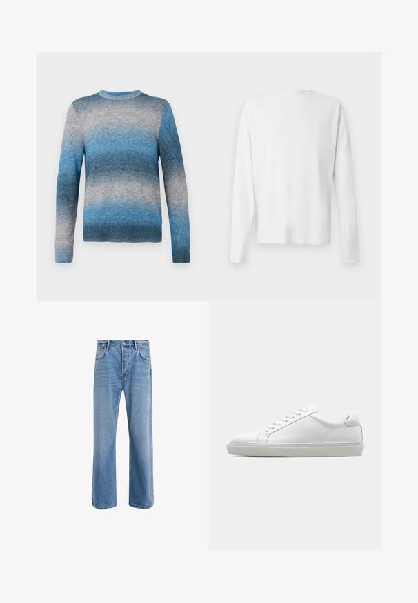 Sinje moderirana pulover v modrih odtenkih, izdelan iz mehkega materiala, z okrožnim izrezom, dolgimi rokavi in rebrastim robom. Barve segajo od svetlo do temno modre.; Bela bombažna srajca z dolgimi rokavi in okroglo ovratnikom, z bočnimi razporki na dnu in gladko teksturo, prikazana s hrbtne strani.; Svetlo modre denim kavbojke s ravno nogavico, petimi žepi, z gumbom za zapiranje, minimalnim zbledelostjo in kontrastnimi šivi.; Bela športna obutev z gladkim usnjenim zgornjim delom in nizkim profilom. Ima zaokrožen nos, šest lukenj za vezalke in teksturiran gumijast podplat.