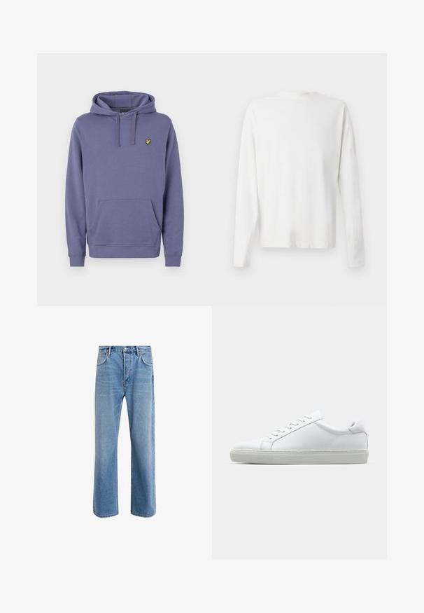 Sweat à capuche violet avec une poche avant, cordon de serrage, poignets côtelés et un petit logo jaune brodé sur la poitrine.; Chemise en coton blanc à manches longues avec un col rond, fentes latérales en bas et une texture lisse, présentée de dos.; Jeans en denim bleu clair avec une coupe droite, cinq poches, fermeture à bouton, peu d'usure et des détails de couture contrastés.; Sneaker blanche avec une tige en cuir lisse et un profil bas. Présente un bout arrondi, six œillets et une semelle en caoutchouc texturé.