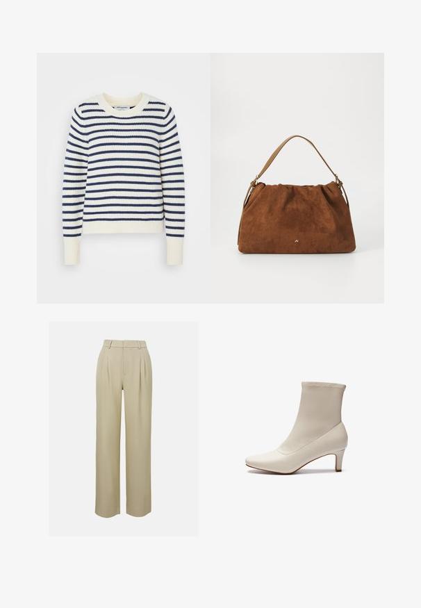 Svītrainā džemperī krēmkrāsā un tumši zilā krāsā ir ribota tekstūra, apaļa kakla izgriezums un garas piedurknes. Klasisks dizains ar brīvu piegriezumu.; Bēšas platā kāju bikses, izgatavotas no gludas auduma, ar priekšējiem krokām, piegrieztiem jostas galiem un sānu kabatām. Tīrs apakšmala apdare.; Baltas potīšu zābaks, izgatavots no gludas ādas ar smailu purngalu un īsu, ieapaļu papēdi. Iezīmējas ar minimālistisku dizainu un bezšuvju virsotni.; Brūna zamšāda soma ar savilkšanas dizainu, kurai ir viena gaiši brūna ādas siksna un smalka zelta logo detaļa priekšpusē.