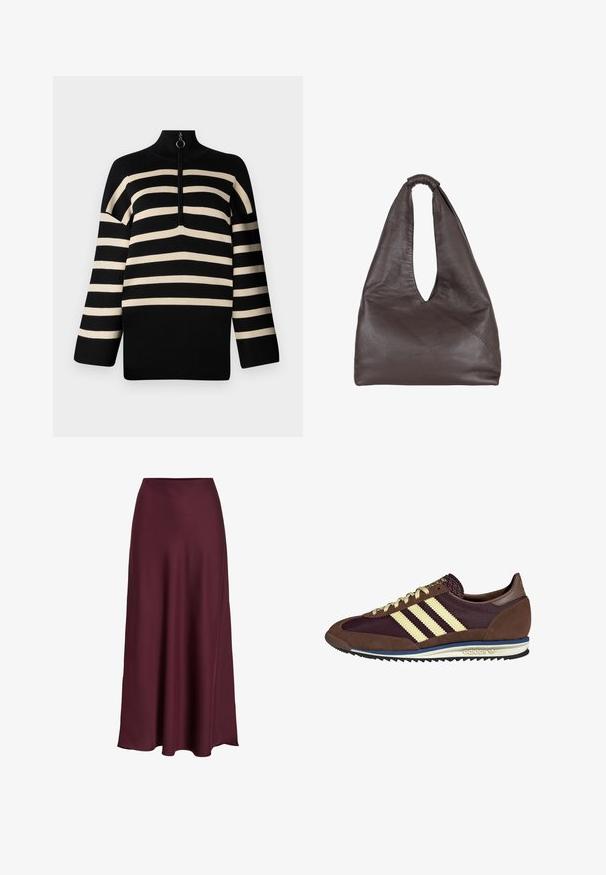 Melnā un krēmkrāsas svītrainā džemperis ar augstu apkakli un ceturtdaļas rāvējslēdzēju. Adījuma tekstūra ar platām piedurknēm un brīvu piegriezumu.; Burgundijas satīna maksi svārki ar gludu tekstūru, augstu jostasvietu un plūstošu siluetu, kas maigi izplešas pret apakšu.; Brūni un bordo sporta apavi ar zamšādām un sieta materiāliem, ar trim krēmkrāsas svītrām, teksturētu audumu uz mēles un gumijas zoli.; Brūns ādas soma ar vaļīgu, pārmērīgi lielu dizainu. Iespējo gredzenveida rokturis un dziļa V-veida atvēršana vieglai piekļuvei. Mīksta tekstūra, minimālisma stils.