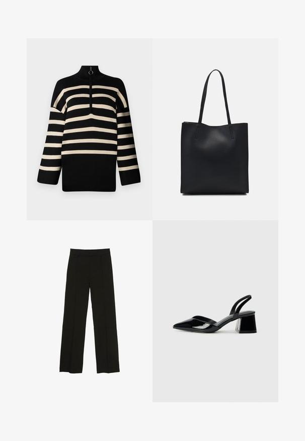 Black and cream striped pullover with a high neck and a quarter zip. Knit texture with wide sleeves and a relaxed fit.; Black wide-leg trousers made from a smooth fabric, featuring a fitted waistband and subtle front pleats for added texture.; Black patent leather slingback heels with a pointed toe and a geometric block heel. Features a sleek, minimal design and smooth texture.; Black leather tote bag with smooth texture, rectangular shape, and two long handles. No visible hardware or embellishments.