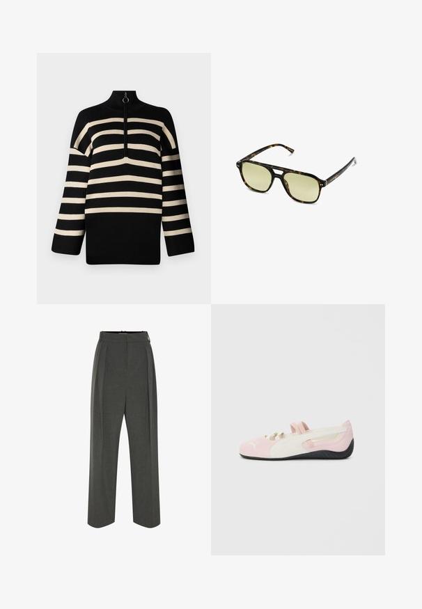 Schwarz-geflochtenes Pullover mit cremefarbenen Streifen, hohem Kragen und einem 1/4-Reißverschluss. Stricktextur mit weiten Ärmeln und lockerer Passform.; Graue Hose mit weitem Bein aus strukturiertem Stoff, ausgestattet mit hoher Taille und vorderen Falten. Das Design beinhaltet einen glatten Bund und keine sichtbaren Verschlüsse.; Rosa Wildlederschuhe zum Hineinschlüpfen mit weißen Akzenten, Gummisohle und elastischen Riemen. Verfügt über ein strukturiertes Design und ein kleines Logo auf der Vorderseite.; Schildkrötensonnenbrille mit rechteckiger Form, grün getönten Gläsern und gemusterten Acetatrahmen. Verfügt über metalliche Akzente in der Nähe der Gläser.