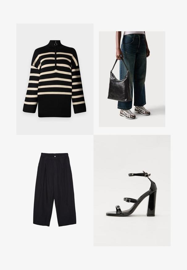 Pulover crno-bijelih pruga s visokim ovratnikom i četvrtim patentnim zatvaračem. Pleteni materijal s širokim rukavima i opuštenim krojem.; Crne poliester hlače culotte s elastičnim pojasom, dva prednja nabora i širokim krojem. Nema vidljivih uzoraka ili metalnih detalja.; Crne lakirane sandale na pete sa kvadratnim nosom, trakama oko gležnja i srebrnim kopčama. Imaju čvrst blok petu za stabilnost.; Crna kožna torba za rame s glatkom teksturom i podešivim remenom, u kombinaciji s izblijedjelim širokim trapericama i sportskim tenisicama.