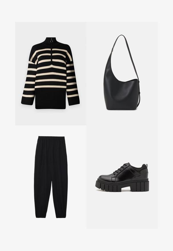 Juoda ir kreminė raštuota megztinis su aukštu kaklu ir ketvirčio užtrauktuku. Megztos tekstūros, plačios rankovės ir laisvas kirpimas.; Juodi, lengvi kelnių su elastinga juosmens juosta ir surinktais kulkšniais. Audinys yra lygus ir turi atsipalaidavusį, siaurėjantį dizainą.; Juodi odiniai platformos batai su masyviu blokuota kulniuku, apvalia nosimi ir tradiciniu šnypštimo dizainu. Turintys glotnų paviršių ir minimalų dekoravimą.; Juodas odinis hobo maišas su lygiu paviršiumi, kreipta forma ir viena reguliuojama rankena; turi platų atidarymą viršuje.