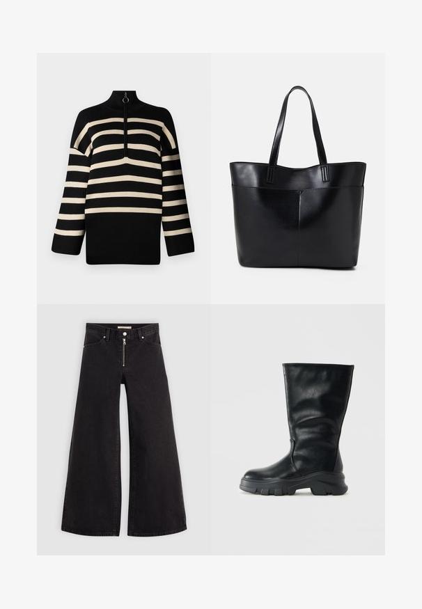 Pulôver riscado em preto e creme com gola alta e fecho de meio zíper. Textura de malha com mangas largas e um corte descontraído.; Calças de ganga de perna larga em denim preto com fecho éclair à frente, design de cinco bolsos e detalhes de costura subtil. Textura suave e estilo casual.; Bota de couro preta até ao meio da panturrilha com sola grossa e texturizada e ponta arredondada, apresentada de lado sobre um fundo claro e liso.; Bolsa tote preta em couro com duas alças longas, textura suave e forma estruturada. Apresenta um bolso frontal para armazenamento adicional.