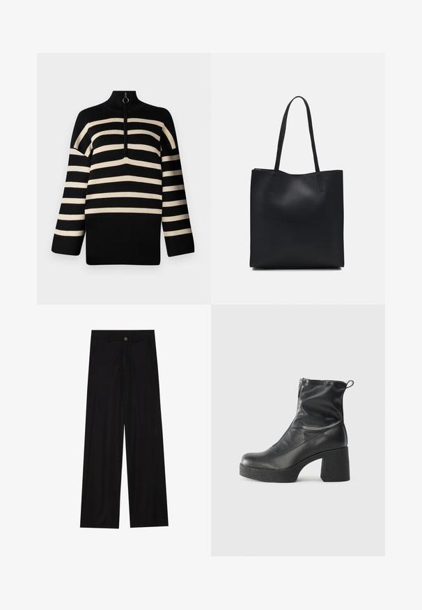 Sort og creme stribet pullover med høj hals og kvart lynlås. Strikket tekstur med brede ærmer og en afslappet pasform.; Bredde ben sorte bukser lavet af et glat stof, med forlommer og knaplukning i taljen. Minimalistisk design uden mønstre.; Sorte ankelstøvler lavet af glat læder, med en sidelukning, kraftig struktureret hæl og rundt tådesign.; Sort læder tote taske med glat tekstur, rektangulær form og to lange hanke. Ingen synlig hardware eller udsmykninger.