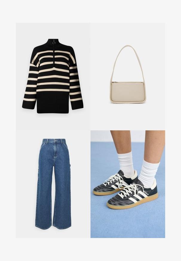 Svart og kremstripete genser med høy hals og kvart glidelås. Strikket tekstur med brede ermer og avslappet passform.; Videbeinete blå denimbukser med høy midje, kontraststing, og sidelommer, med et klassisk fem-lommers design og rå kanter.; Sorte lærersneakers med hvite striper, rund tå, hvite snørebånd og såle av gummigummi. Fremhevet med polstret krage og merkeinfos.; Even&Odd Håndveske - off white