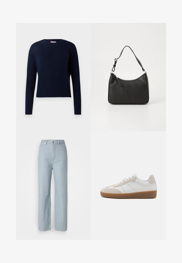 Maglione lavorato a maglia blu navy con scollatura a girocollo, maniche lunghe e polsini e orlo a coste. Il tessuto presenta un leggero motivo a trama.; Jeans dritti blu chiaro in denim. Presentano cinque tasche, una chiusura con bottone in metallo e leggere sfumature per aggiungere texture.; Sneakers bianchi in pelle con accenti in suede beige, linguetta testurizzata e suola in gomma. Presentano lacci bianchi e dettagli cuciti sottili.; Borsa a tracolla in pelle nera con forma curva, una tracolla singola, chiusura con zip e marchio discreto sul fronte. Texture liscia, design minimalista.