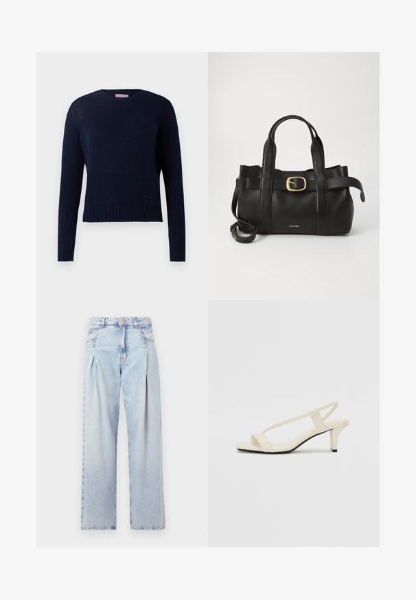 Navy blue knitted sweater with a crew neckline, long sleeves, and ribbed cuffs and hem. Fabric features a subtle textured pattern.; Light blue denim jeans with a high waist, wide-leg cut, two side pockets, and pleated design feature. Soft texture with a faded finish.; Beige block-heeled sandals with thin straps and a square toe. Smooth material with minimal detailing, designed for easy wear.; Black leather handbag featuring a structured design, dual top handles, gold-tone buckle accent, and embossed brand logo at the front.