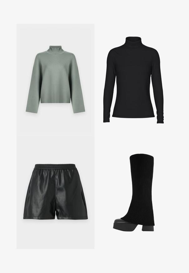 Licht saliegroen gebreid sweater met lange brede mouwen en een hoge ribgebreide col op een witte achtergrond.; Zwarte coltrui, lange mouwen, gemaakt van gladde stof. Heeft een aansluitende pasvorm met een hoge hals en minimale stikseldetails.; Zwarte nep leren shorts met een elastische tailleband, voorzien van een gladde textuur en een losse pasvorm. Geen zichtbare patronen of accenten.; Zwarte knielange laars met een ribbelstof bovenkant, chunky platformzool en blokhak, met een gladde textuur en een stijlvolle, moderne uitstraling.