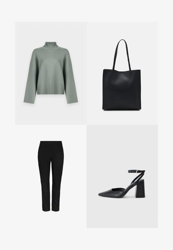 Svetlo šalviová pletená mikina s dlhými širokými rukávmi a vysokým ribovaným rolákom na bielom pozadí.; Čierne slim-fit nohavice vyrobené z hladkej tkaniny. Vybavené štandardným pásom a bez viditeľných vreciek. Čistý, elegantný vzhľad.; Čierne kožené lodičky s špicatou špičkou a členkovým remienkom, s masívnym podpätkom. Hladký povrch, elegantný dizajn a minimalistická estetika.; Čierna kožená taška na rameno s hladkým povrchom, obdĺžnikovým tvarom a dvoma dlhými uchami. Bez viditeľného kovania alebo ozdôb.