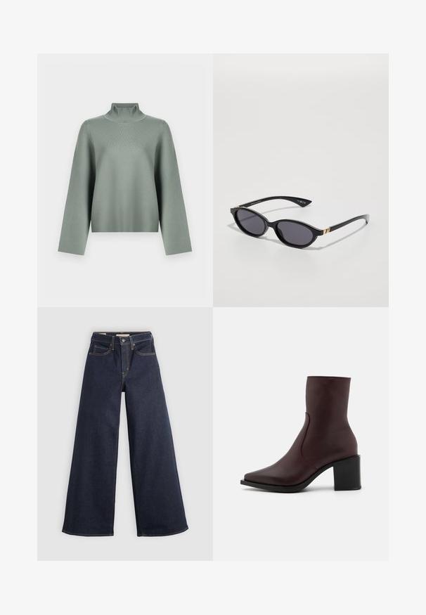 Licht saliegroen gebreid sweater met lange brede mouwen en een hoge ribgebreide col op een witte achtergrond.; Wijde denim jeans in donkerblauw met contrasterende stiksels. Bevat een traditionele vijf-pocketontwerp en een knoopsluiting in de taille.; Zign LEATHER - Korte laarzen - bordeaux; Zwarte zonnebril met ovale glazen, donkere verloop-tint en slanke pootjes met subtiele gouden accenten. Glad plastic afwerking.; Zwarte lederen handtas met een omgevouwen klep, gouden hardware en een afneembare schouderriem. Gladde textuur en minimalistisch ontwerp.