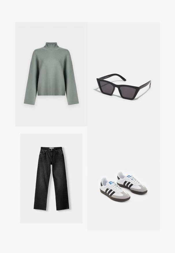 Light sage green knit sweater with long wide sleeves and a high ribbed turtleneck collar on a white background.; Bershka Straight leg jeans - mottled dark grey; Sport shoes with a white leather upper, gray suede toe, and three black stripes. Features a blue logo on the tongue and a textured rubber sole.; Black, angular sunglasses with gray lenses; made of plastic, featuring thick arms with a smooth surface and no visible hardware.