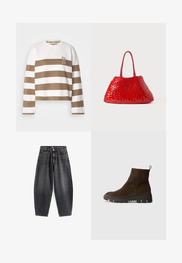 Barna és fehér csíkos, rövid fazonú pulóver, kerek nyakkal és hosszú ujjakkal. A bal melle részén egy "B" logóval rendelkezik. Pamut anyag.; Magas derekú, fekete farmernadrág, laza szabással, öt zsebbel, övtartókkal és márkás derékkal.; Barna velúr bokacsizma masszív fekete gumitalppal, enyhén sarokkal és hátul elhelyezett húzófüllel a könnyű felvétel érdekében.; Vörös szőtt női táska fényes felülettel, fonott fogantyúkkal. Megkülönböztető háromszög alakú és texturált felülettel rendelkezik, szoros mintázattal.
