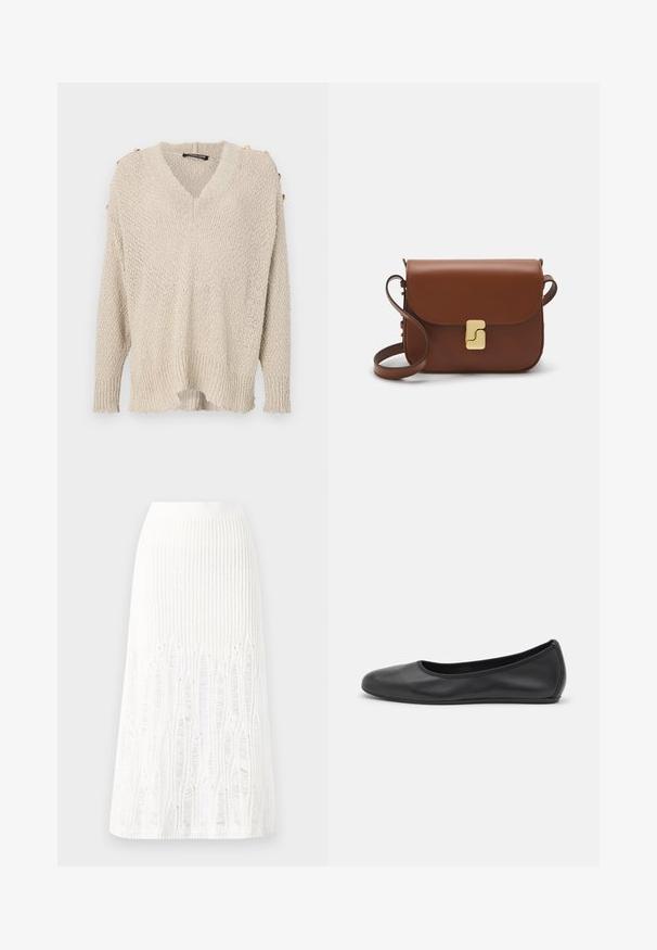 Bēša adīta džemperis ar V veida kakla izgriezumu, krituša pleca dizainu un ribotu malu. Ievietoti zeltaini pogas uz pleciem un brīvs, strukturēts audums.; Adīts balts midi svārki ar teksturētu rakstu, kas ietver vertikālas līnijas un izgriezumus pie apakšmalas. Elastīgs vidukļa jostasvads. Mīksts materiāls.; Melna ādas baleta kurpe ar noapaļotu purngalu, gludu tekstūru, minimālu šuvju detalizāciju un elastīgu zoles dizainu.; Bordo ādas rokas soma ar atloku, zeltītām detaļām, plecu siksnu un gludu virsmu. Kompakta, taisnstūrveida forma.