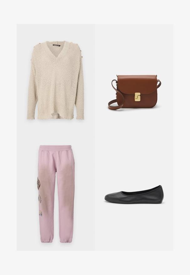 Beige knit sweater with a V-neck, drop shoulder design, and ribbed hem. Features gold buttons on shoulders and a loose, textured fabric.; White short-sleeve t-shirt made of ribbed fabric. Round neckline, regular fit, and subtle stitching details. No patterns or graphics.; Pink sweatpants with an elastic waistband, featuring decorative patches in diamond shapes on the left side and elastic cuffs at the ankles.; Black leather ballet flat with a rounded toe, smooth texture, minimal stitching detail, and a flexible sole design.; Brown leather handbag with a flap closure, gold-tone hardware, a shoulder strap, and a smooth texture. Compact rectangular shape.