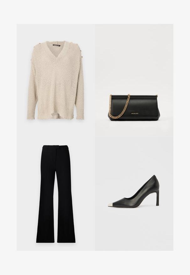Beženi pleteni džemper s V-izrezom, dizajnom s spuštenim ramenima i rebrastim rubom. Ima zlatne gumbe na ramenima i labavu, teksturiranu tkaninu.; Crne široke hlače s glatkom teksturom, krojenim pojasom i prednjim džepovima, dizajnirane s elegantnim, modernim siluetom.; Crna kožna cipela s visokim potpeticama, špicastim vrhom i metalnim srebrnim vrhom. Ima glatku završnu obradu i tanku petu visine 10 cm.; Crna kožna torbica sa zlatnim lančićem, koja se odlikuje glatkom teksturom, pravokutnim oblikom i utisnutim brendom na prednjoj strani.
