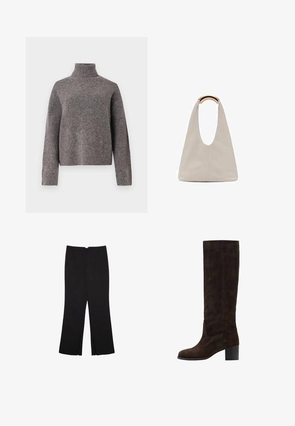 Grauer Rollkragenpullover aus weichem Strickmaterial, mit langen Ärmeln und lockerer Passform, mit geripptem Design an den Bündchen und dem Saum.; Schwarze Hose mit geradem Schnitt, ausgestattet mit Fronttaschen und Seitenschlitzen am Saum. Hergestellt aus weichem, glattem Stoff. Geeignet für verschiedene Anlässe.; Braune Wildleder-Stiefel in Knielänge mit quadratischer Zehenform und Blockabsatz. Glatte Textur und minimale Nähte an der Außenseite.; Hellgraue Lederhandtasche mit einem U-förmigen Design und einem geschwungenen, metallischen Griff. Glatte Textur mit minimalen Nähten und ohne sichtbare Muster.