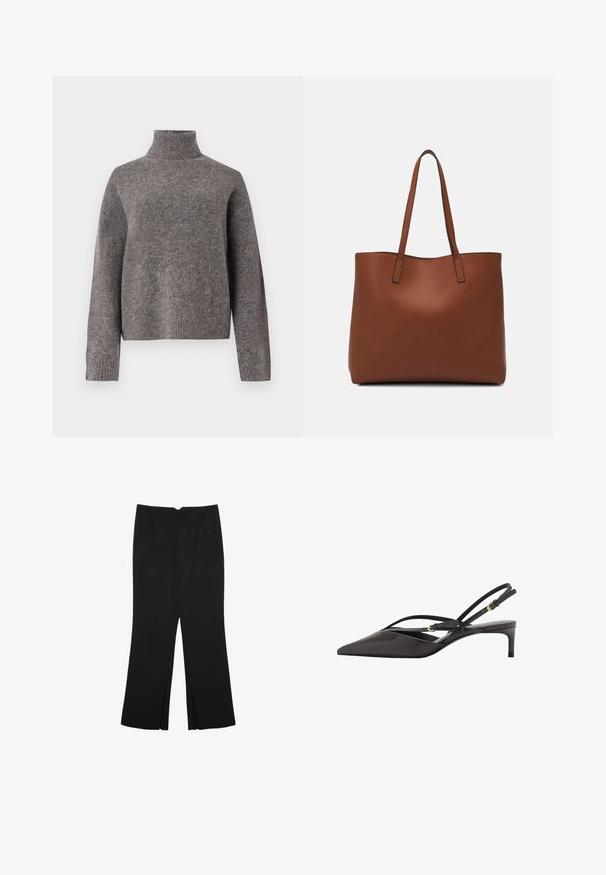 Harmaa poolapaita, joka on valmistettu pehmeästä neulemateriaalista, pitkillä hihoilla ja rentouttavalla istuvuudella, jossa on ribbitekstuuri hihoissa ja helmassa.; Mustat housut suoralinjaisella leikkauksella, joissa on etutaskut ja sivurei'ät helman alla. Valmistettu pehmeästä ja sileästä kankaasta. Sopii eri tilaisuuksiin.; Mustat nahkaiset slingback-korkokengät, joissa on terävä pää, hoikat nilkkahihnat ja matala stiletto-korko. Sujuva pinta ja minimalistinen muotoilu.; Ruskea nahkainen olkalaukku, jossa on sileä pinta, avoin yläosa ja kaksi olkahihnaa. Omaavat vain minimaalisen ompelun eikä näkyvää metalliosaa.