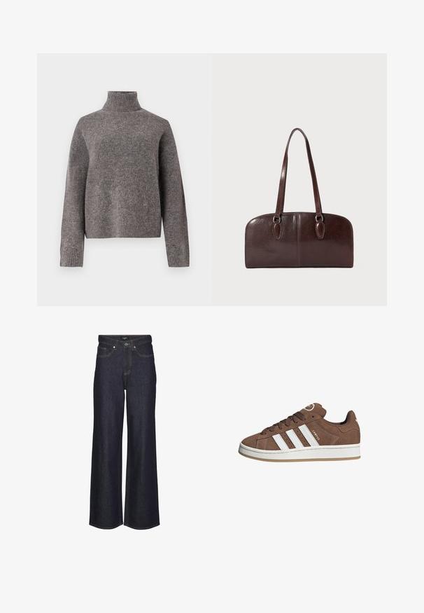 Grauer Rollkragenpullover aus weichem Strickmaterial, mit langen Ärmeln und lockerer Passform, mit geripptem Design an den Bündchen und dem Saum.; Hoch taillierte weite Jeans in dunklem Denim. Mit klassischem Steppdesign, fünf Taschen und einem Knopfverschluss vorne.; Braune Wildledersneaker mit weißen Lederstreifen, Gummisohle, gerundetem Zehenbereich und Schnürung. Mit einem Logo auf der Zunge und perforierten Akzenten.; Braune Ledertasche mit zwei langen Tragegriffen, einer strukturierten rechteckigen Form, glatter Textur und abgerundeten Kanten. Besitzt Akzentdetails an den Griffen.