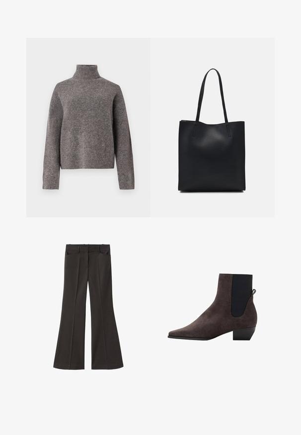 Sivi pulover z ovratnikom, izdelan iz mehkega pletenega materiala, z dolgimi rokavi in sproščenim krojem, z rebrastim teksturo na manšetah in robu.; Črne razširjene hlače z visokim pasom; vključujejo dva sprednja žepa in gladko teksturo tkanine. Primerne za različne priložnosti.; Temno siva semiš gležnjarica s koničastim nosom, elastičnimi stranskimi paneli in majhnim blok peto. Ima zanko za pomoč pri obuvanju na zadnji strani.; Črna usnjena torba s svilnato teksturo, pravokotne oblike in dvema dolgima ročajema. Brez vidnih metalnih delov ali okrasnih elementov.