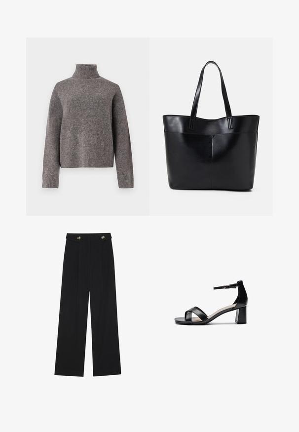 Grey turtleneck sweater made of soft knit material, featuring long sleeves and a relaxed fit, with ribbed texture at the cuffs and hem.; Black wide-leg trousers with high waist, button details on waistband, and front pleats.; Black open-toe heeled sandal with crossed straps, adjustable ankle strap, and a chunky heel, featuring a smooth leather texture.; Black leather tote bag with two long handles, a smooth texture, and a structured shape. Features a front pocket for additional storage.