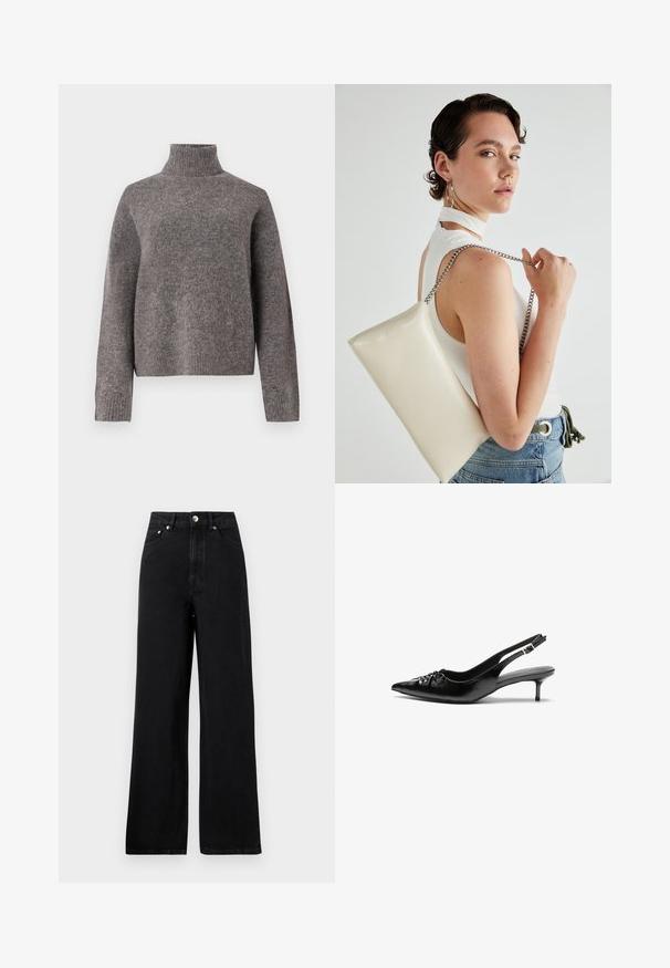 Grå høyhalset genser laget av myk strikket materiale, med lange ermer og en avslappet passform, med ribbestrikket tekstur ved mansjettene og nederkanten.; Høytlivede svarte denimjeans med bred ben design, som har fem lommer og detaljer i sølvfarge. Jeansen har en jevn tekstur.; Sorte skinnert remsandaler med spiss tå, liten kittenhæl og en dekorativ knute detalj foran. Glatt tekstur gjennom hele.; Hvit rektangulær clutch-veske laget av blankt materiale, med en sølvkjede-stropp. Modellen poserer og viser vesken mot en ensfarget bakgrunn.