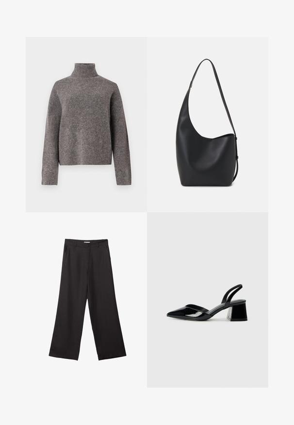 Šedý rolák vyrobený z měkkého pleteného materiálu, s dlouhými rukávy a volným střihem, s ribbovanou texturou na manžetách a lemu.; Černé široké kalhoty vyrobené z hladké tkaniny, s předním zipem a dvěma bočními kapsami, s dobře padnoucím střihem a minimalistickým designem.; Černé lakované kožené lodičky na pásku s špičatou špičkou a geometrickým blokovým podpatkem. Vyznačují se elegantním, minimalistickým designem a hladkým povrchem.; Černá kožená hobo taška s hladkým povrchem, zakřiveným tvarem a jedním nastavitelným popruhem; má široké otevírání nahoře.