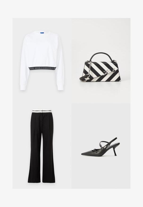 Fehér, rövidre vágott pulóver hosszú ujjakkal, bordázott mandzsettákkal és fekete derékpánttal, amelyen fehér "KARL LAGERFELD JEANS" felirat olvasható. Simább textúra.; Fekete, lazán szabott nadrág, fehér rugalmas derékpánttal, amelyen márkajelzés található. Simogató, enyhén fényes anyagból készült.; Fekete bőrszíjjal ellátott magassarkú cipő, hegyes orral, karcsú sarkával és díszes csattal a vamp részén. Simás textúra és elegáns dizájn.; Fekete-fehér csíkos kézitáska, strukturált formával, felső fogantyúval, leválasztható lánc pánttal és fémes logóval.