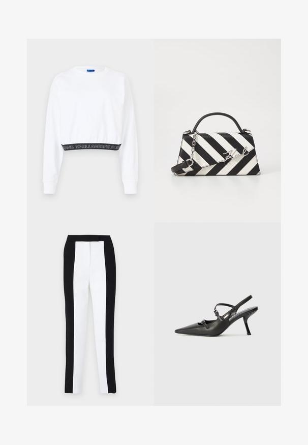 Sudadera blanca corta con mangas largas, puños acanalados y una banda negra en la cintura que presenta el texto "KARL LAGERFELD JEANS" en blanco. Textura suave.; Pantalones ajustados de corte tapered en blanco y negro, con un ajuste slim y paneles en contraste. La tela tiene una textura suave; la cinturilla es plana y ajustada.; Tacones slingback de cuero negro con punta afilada, tacón delgado y detalle decorativo de hebilla en la parte superior. Textura suave y diseño elegante.; Bolso de mano a rayas en blanco y negro con una forma estructurada, que cuenta con un asa superior, una correa de cadena desmontable y un acento de logo metálico.